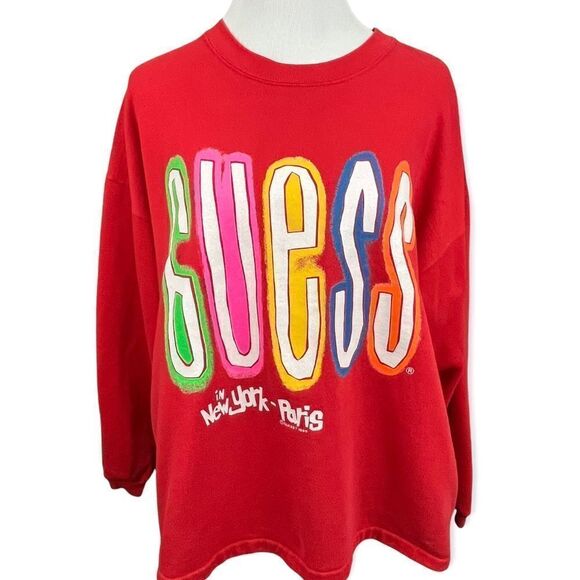 Vintage 80’s Guess Boxy Neon Rainbow Graffiti Spell Out Sweatshirt Large - Picture 1 of 7